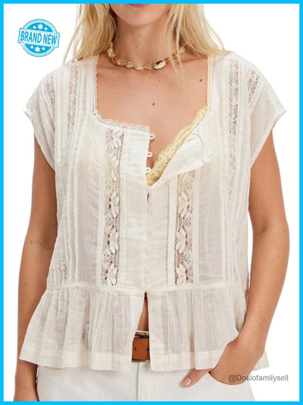 95% Cotton 5% Spandex Boho Lace Trim Button Down Blouse Cardigan